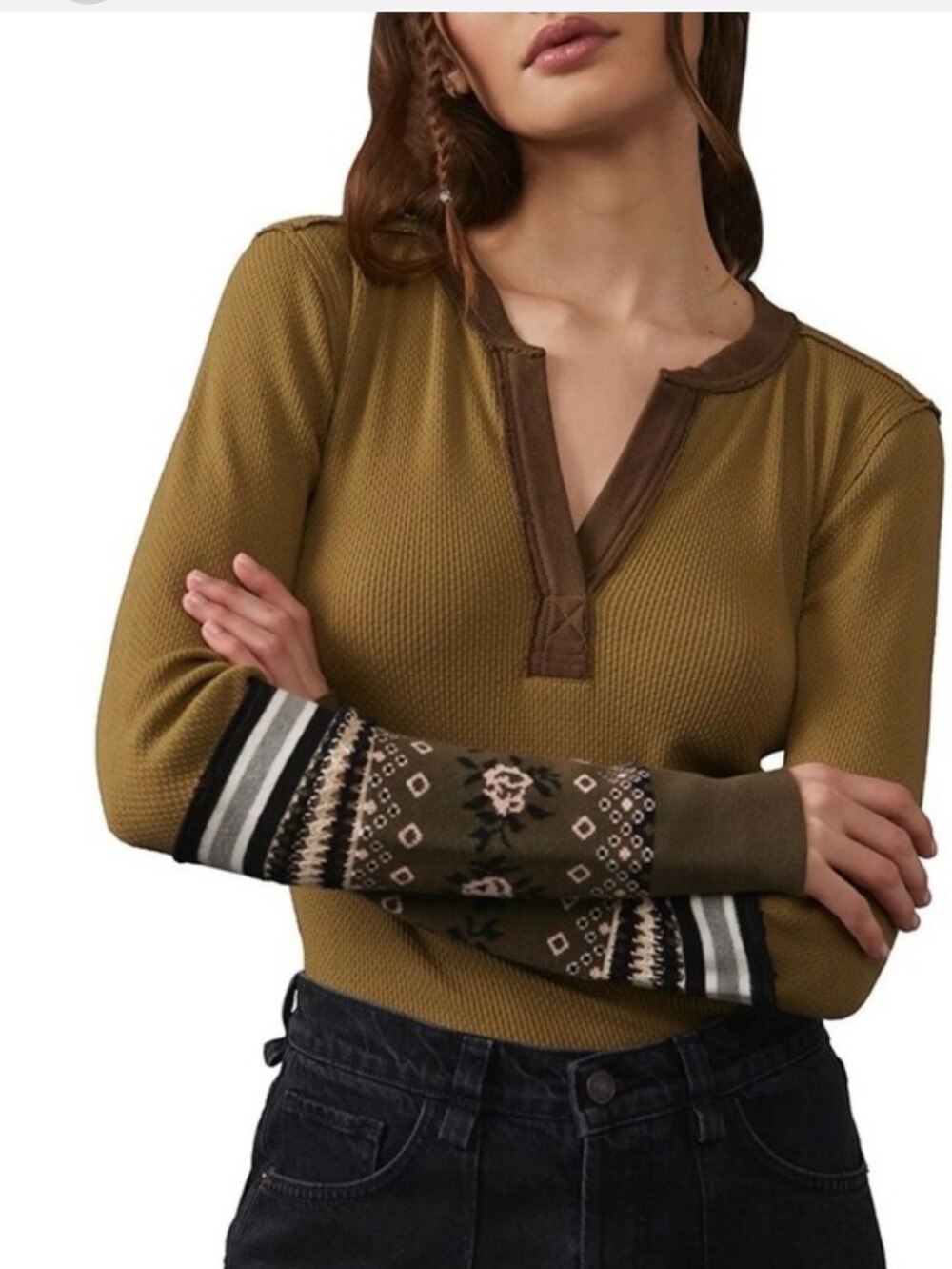 Free People Olive Green Long-Sleeve Thermal Top with Patterned Cuffs Size S NEW